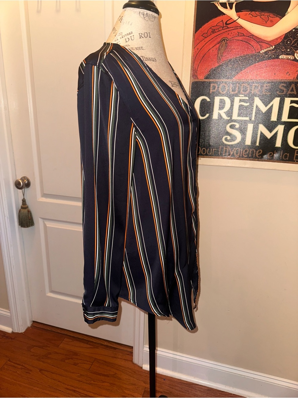 Max Studio long Navy Multi-Stripe V-Neck Long Sleeve Dress - Picture 5 of 8